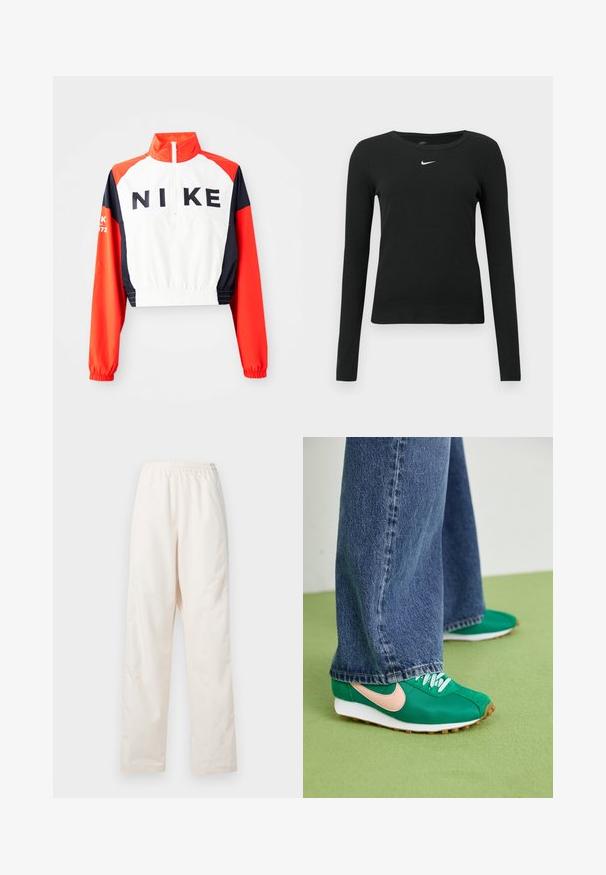 Gekürzte Nike-Jacke mit hohem Kragen, weißem Körper, roten und marineblauen Ärmeln, schwarzem Logo auf der Vorderseite, elastischem Saum und Bündchen, sportliches Design.; Schwarzes, eng anliegendes Langarmshirt aus Rippstoff, mit rundem Ausschnitt und einem dezenten weißen Nike-Logo auf der Brust.; Locker sitzende, crèmefarbene Hose mit elastischem Bund und geradem Beinschnitt, vor einem einfarbigen weißen Hintergrund präsentiert.; Grüne Sportschuhe mit pinkem Swoosh, Schnürdesign, strukturiertem Stoff und weißen Gummisohlen. Kombiniert mit weitem blauen Jeanshosen.