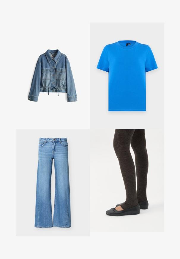 Lichtblauwe denim jasje met een knoopsluiting aan de voorkant, twee grote borstzakken en een verstelbare trekkoord taille. Heeft een klassieke kraag en lange mouwen.; Effen blauwe korte mouw T-shirt met ronde hals en zichtbare kraagstiksels, plat uitgestald op een lichtgrijze achtergrond.; Lichtblauwe denim jeans met een hoge taille, knoop- en ritssluiting, voorzakken en wijde pijpen.; Benen met donkere geribbelde leggings gecombineerd met zwarte ballerina's met kleine strikdetails op een witte achtergrond.