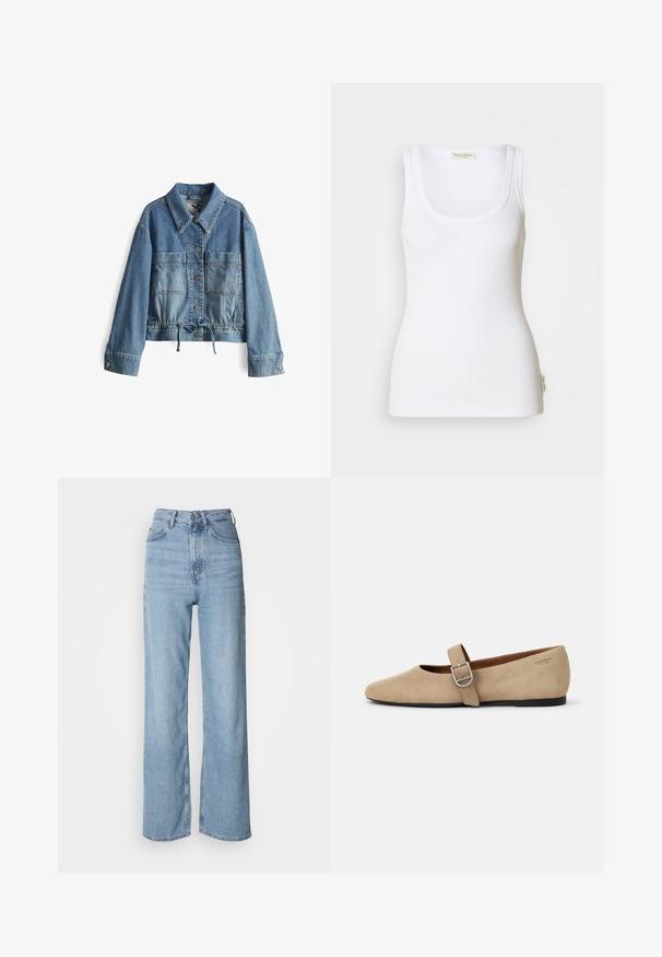 Lichtblauwe denim jasje met een knoopsluiting aan de voorkant, twee grote borstzakken en een verstelbare trekkoord taille. Heeft een klassieke kraag en lange mouwen.; Witte geribbelde tanktop met een ronde halslijn en brede schouderbanden. Voorzien van een logolabel aan de zijkant van de zoom. Gemaakt van zachte, rekbare stof.; Lichtblauwe high-waisted jeans met een rechte pijp, gemaakt van denim, met een sluiting aan de voorkant met knopen en subtiele vervagingdetails.; Beige suède Mary Jane balletschoenen met een spitse neus en een enkele verstelbare band met een zilveren gesp. Zwarte platte zool.