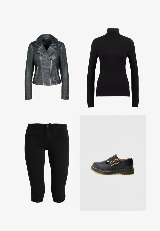 Freaky Nation Læderjakker - black black; Sort turtleneck sweater lavet af blød stof, med lange ærmer og en tætsiddende silhuet. Enkel design uden synlige mønstre eller dekorationer.; Sorte denim capri jeans med en tætsiddende pasform, der har forlommer, knaplukning og opbrettede sømme for et strømlinet udseende.; Sort lædersko med to remme og spænder, med perforerede detaljer, rundet tå og en gul syningsaccent rundt om sålen.
