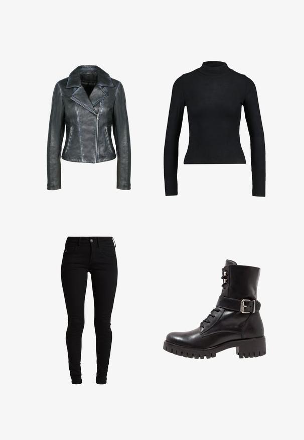Freaky Nation Læderjakker - black black; Sort langærmet turtleneck top lavet af ribbet stof, med en tætsiddende design og slank silhuet. Ingen mønstre eller detaljer.; Sorte skinny jeans lavet af denim med et klassisk fem-lomme design, bæltesløjfer og knaplukning foran. Glat, strækbart materiale.; Sort læder ankelstøvle med snørebånd foran, justerbar metalspænde og kraftig sål. Har en glat overflade og struktureret design.