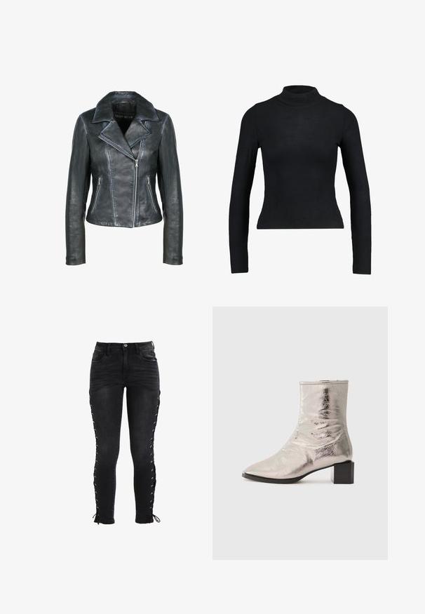Freaky Nation Læderjakker - black black; Sort langærmet turtleneck top lavet af ribbet stof, med en tætsiddende design og slank silhuet. Ingen mønstre eller detaljer.; Sorte smalle jeans med frontlommer, bæltestropper, knaplukning og snøre detaljer langs begge yderside sømme med bindebånd ved anklerne.; Metallisk sølv ankelstøvle med spids tå og blokhæl. Glat tekstur, strømlinet design og minimalistiske syninger.