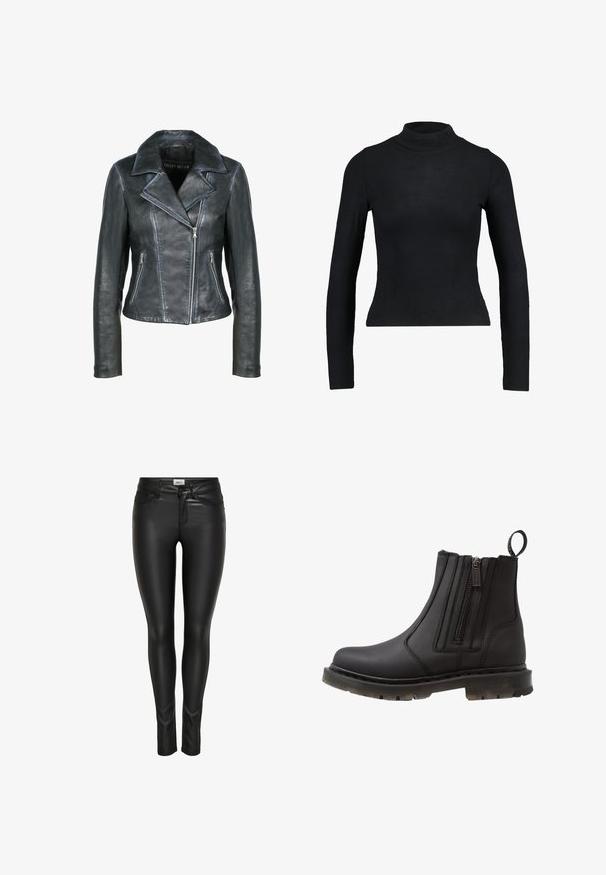 Freaky Nation Leren jas - black black; Zwart langemouwen turtleneck top gemaakt van ribbelstof, met een aansluitend ontwerp en slanke silhouette. Geen patronen of accenten.; Zwarte slim-fit faux leren broek met voorste knoop, ritsluiting en riemlussen, weergegeven op een witte achtergrond.; Zwarte synthetische enkelboot met dubbele ritssluitingen, ronde neus, leren zool en een aantreklipje aan de achterkant voor gemakkelijk aan- en uittrekken.