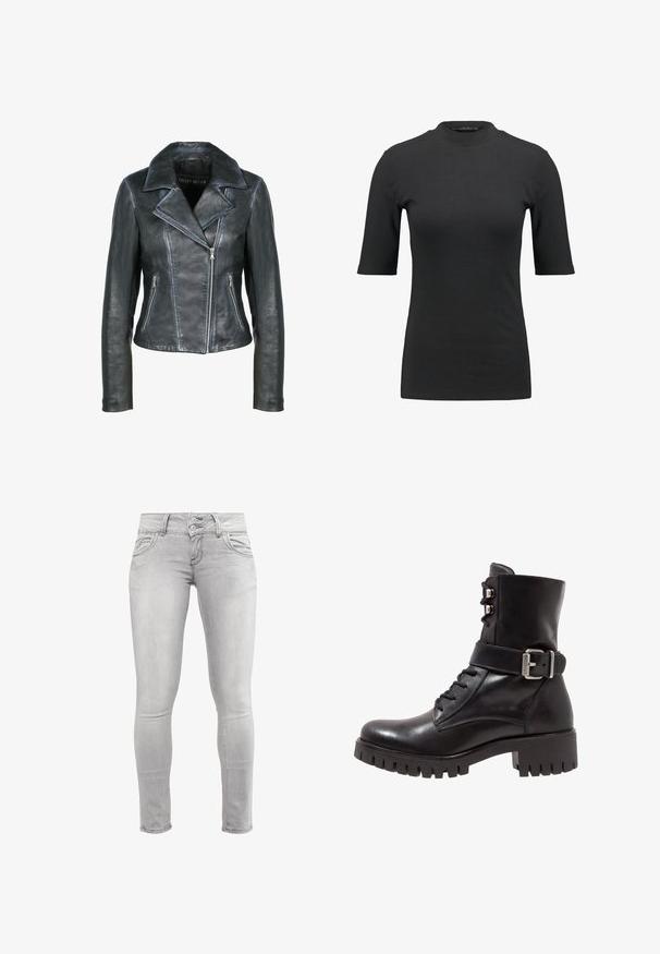 Freaky Nation Læderjakker - black black; Sort ribbet t-shirt med høj hals og korte ærmer. Glat, tætsiddende design uden mønstre eller synlige hardwaredetaljer.; Lys grå skinny jeans lavet af denim, med en glat tekstur, dobbelt knaplukning og forreste lommer med buede sømme.; Sort læder ankelstøvle med snørebånd foran, justerbar metalspænde og kraftig sål. Har en glat overflade og struktureret design.