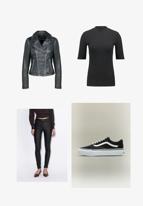 Freaky Nation Læderjakker - black black; Sort ribbet t-shirt med høj hals og korte ærmer. Glat, tætsiddende design uden mønstre eller synlige hardwaredetaljer.; Kvinde iført sorte høj-taljede skinny bukser, en kropsnær mørkebrun knapbluse og brune spidse hæle.; Lavtop sort sneaker med hvid side stribe, hvide snørebånd, hvid gummisål og tekstureret tåhætte på neutral baggrund.