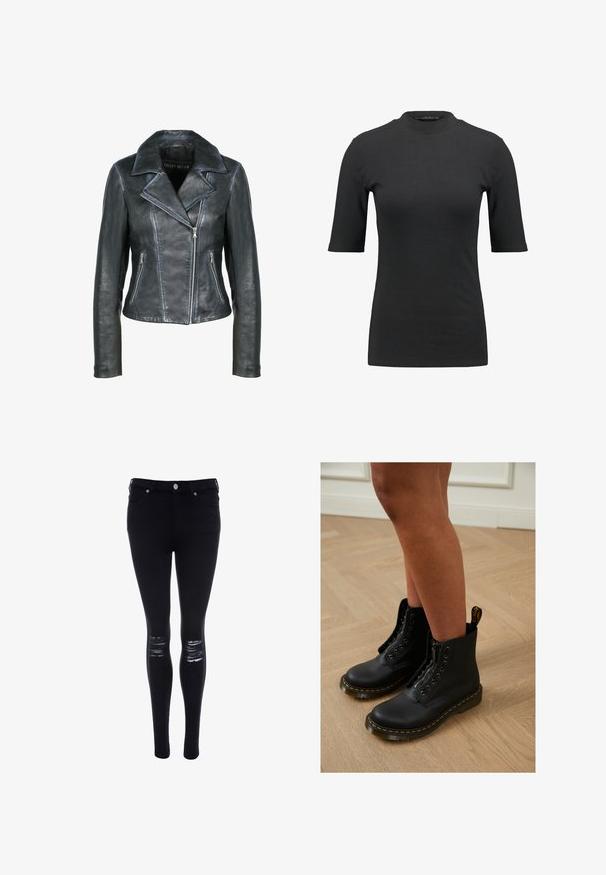 Freaky Nation Leren jas - black black; Zwarte geribbelde T-shirt met een hoge hals en korte mouwen. Gladde, aansluitende pasvorm zonder patronen of zichtbare hardwaredetails.; Zwarte skinny jeans van denim met een gladde textuur, voorzien van gescheurde accenten op de knieën en een slim fit ontwerp, met een sluiting met een knoop aan de voorkant.; Zwarte leren enkelboots met een ritssluiting en veters, gekenmerkt door gele stiksels en een dikke, gestructureerde zool.