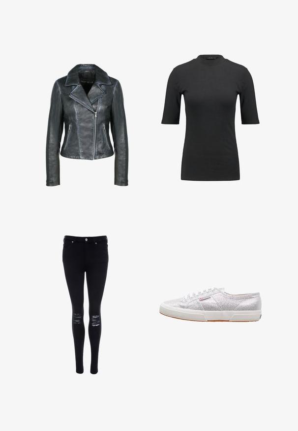 Freaky Nation Leren jas - black black; Zwarte geribbelde T-shirt met een hoge hals en korte mouwen. Gladde, aansluitende pasvorm zonder patronen of zichtbare hardwaredetails.; Zwarte skinny jeans van denim met een gladde textuur, voorzien van gescheurde accenten op de knieën en een slim fit ontwerp, met een sluiting met een knoop aan de voorkant.; Zilveren glitter sneakers met een witte rubberen zool, voorzien van een ronde neus, vetersluiting en een logo-patch aan de zijkant.