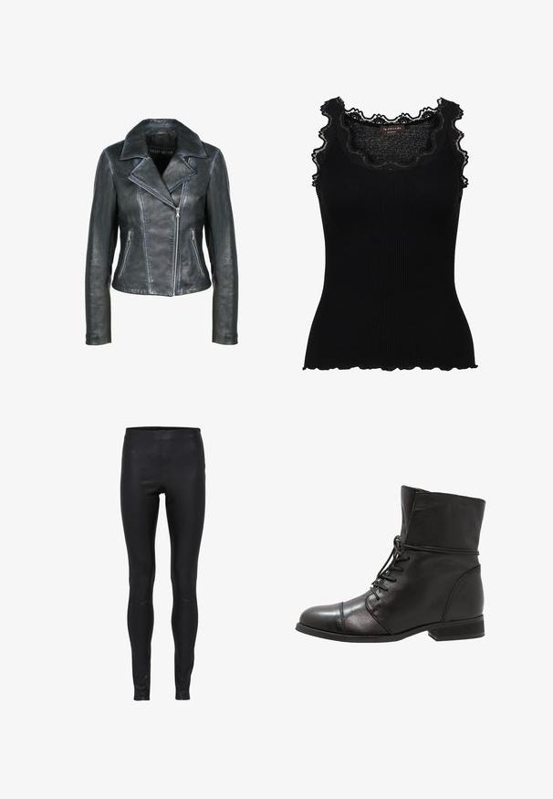 Freaky Nation Leren jas - black black; Zwarte geribbelde tanktop met kantafwerking bij de halslijn en armsgaten. Heeft een getailleerd ontwerp en gegolfde randen voor extra textuur.; Zwarte leren legging met hoge taille, gladde textuur en een strakke pasvorm van taille tot enkel.; Zwarte leren enkelboot met een ronde neus, vetersluiting aan de voorkant en een lage blokhak. Glad leer met stikseldetails en een omgeslagen kraag.