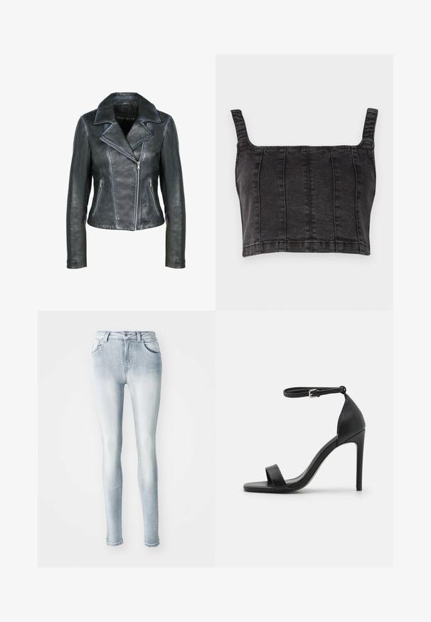 Freaky Nation Læderjakker - black black; Sort denim crop top med brede stropper, der har lodrette syninger og en struktureret pasform. Glat tekstur med en let falmet finish.; Lysblå skinny jeans lavet af denim, med høj talje, fem lommer og let fading langs lårene. Slidt kantdetalje.; Sort højhælet sandal med et sleek design, der har en ankelrem, åben tå og glat lædertekstur.