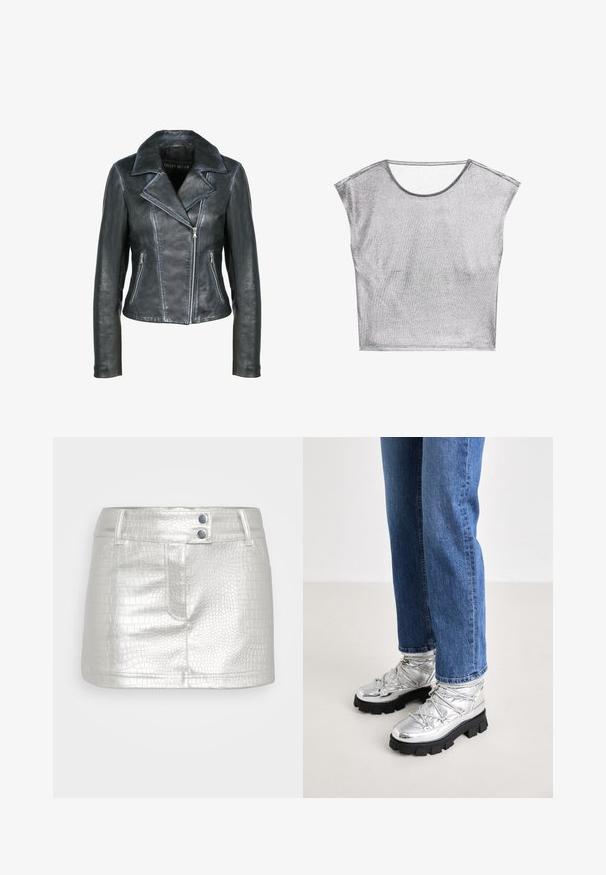 Freaky Nation Leren jas - black black; Zilveren top met korte mouwen gemaakt van een metalen, glinsterende stof. Beschikt over een brede halslijn en een losse, boxy snit. Zachte textuur en minimale naden.; Zilveren faux leren rok met een gestructureerd krokodillenpatroon, voorzien van twee blauwe knoopaccenten en een aansluitend ontwerp.; Metallisch zilveren enkellaarsjes met een robuuste zwarte zool, voorzien van een gevoerd bovenwerk en veters, gecombineerd met blauwe rechte jeans.
