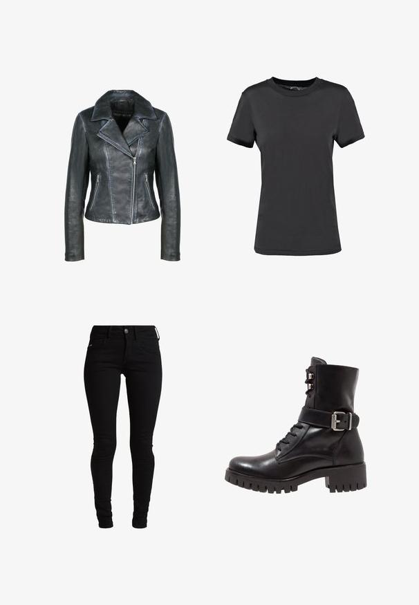 Freaky Nation Leren jas - black black; Zwarte korte mouwen t-shirt gemaakt van een gladde stof. Heeft een ronde hals zonder zichtbare patronen of accenten, wat zorgt voor een eenvoudig ontwerp.; Zwarte skinny jeans van denim, met een klassiek vijf-pocket ontwerp, riemlussen en een sluiting met een voorste knoop. Glad, elastisch textuur.; Zwarte leren enkelboot met vetersluiting aan de voorkant, verstelbare metalen gespsluiting en een grove loopzool. Kenmerken een gladde afwerking en gestructureerd ontwerp.