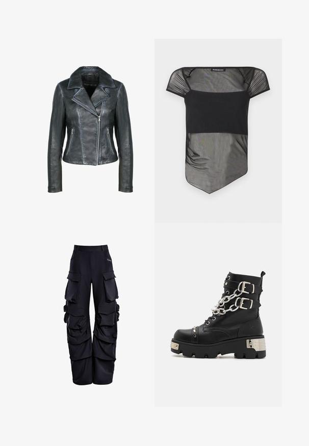 Freaky Nation Leren jas - black black; Zwart doorschijnend mesh top met een vierkante halslijn, korte mouwtjes en een asymmetrische zoom.; Zwarte cargobroek van gestructureerde stof, met meerdere grote zakken, een ontspannen pasvorm en geplooide details langs de zijkanten.; Koi Footwear SHACKLED SHADOWS HEAVY DUTY CHAIN - Cowboy-/Bikerlaarsjes - black