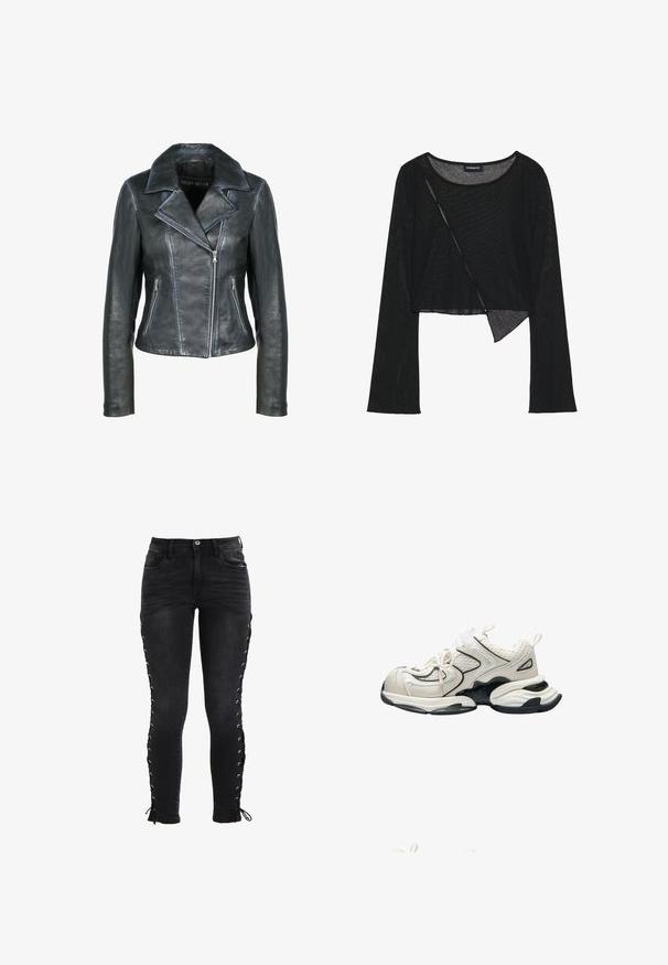 Freaky Nation Læderjakker - black black; Sort langærmet cropped top i et let, gennemsigtigt stof. Har en rund halsudskæring og en asymmetrisk kant med en let tekstur.; Sorte smalle jeans med frontlommer, bæltestropper, knaplukning og snøre detaljer langs begge yderside sømme med bindebånd ved anklerne.; Kraftig hvid og sort atletiksko med mesh-paneler, tyk sål og trækflapper på hæl og tunge, vist fra siden.