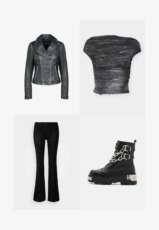 Freaky Nation Læderjakker - black black; Sort, gennemsigtig top med et tekstureret, lagdelt design med horisontale udsparinger. Materialet ser let ud med subtile farvevariationer.; Sorte denim flared jeans med slidte detaljer foran, teksturerede lapper og et klassisk fem-lomme design med knaplukning.; Koi Footwear SHACKLED SHADOWS HEAVY DUTY CHAIN - Cowboy- / bikerstøvlette - black