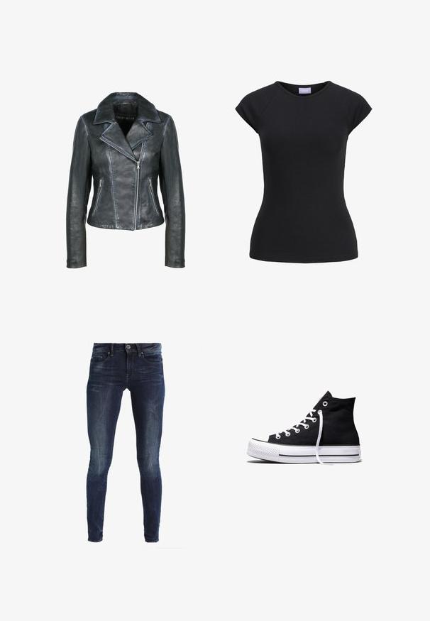 Freaky Nation Læderjakker - black black; Sort tætsiddende T-shirt med korte ærmer, rund udskæring og lilla mærke med brandnavn indvendigt i kraven.; Slanke jeans i mørkeblå denim med en falmet vask, fem lommer og knaplukning. Klassisk design uden synlige metaldetaljer.; Sort high-top canvas sneaker med hvid gummisål og hvide snørebånd, vist fra siden mod en hvid baggrund.