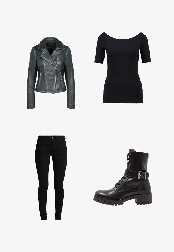 Freaky Nation Læderjakker - black black; Sort kortærmet top med off-the-shoulder halsudskæring, tætsiddende design og glat tekstur. Ingen synlige mønstre eller hardwaredetaljer.; Sorte skinny jeans lavet af denim med et klassisk fem-lomme design, bæltesløjfer og knaplukning foran. Glat, strækbart materiale.; Sort læder ankelstøvle med snørebånd foran, justerbar metalspænde og kraftig sål. Har en glat overflade og struktureret design.