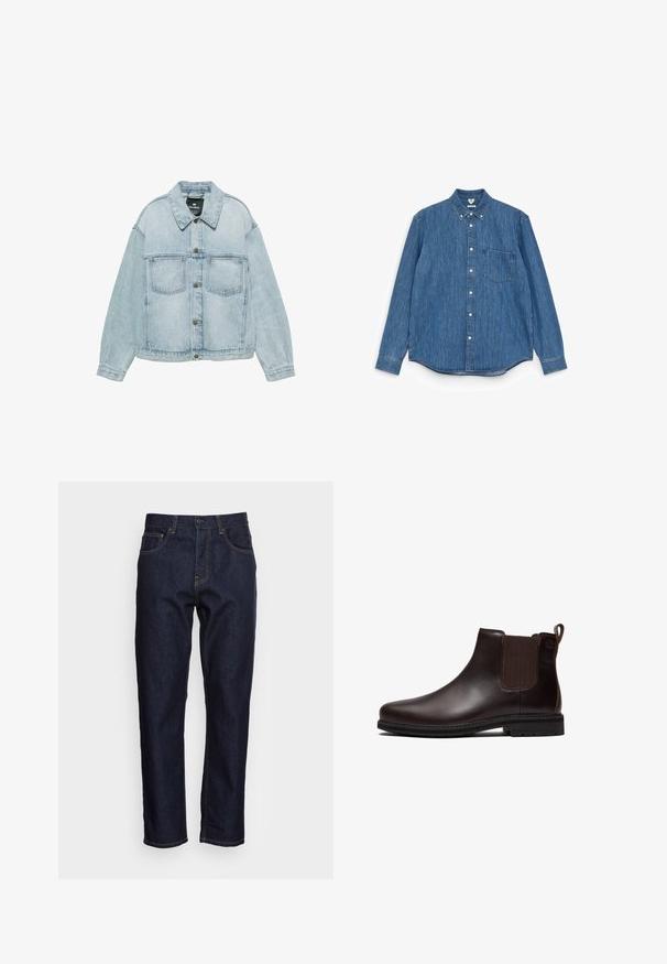 Veste en denim bleu clair avec fermeture par boutons, deux poches poitrine et col classique, posée à plat sur un fond blanc.; Chemise en denim bleu à manches longues avec un col pointu, des boutons blancs, une poche poitrine unique et un ourlet droit. Texture uniforme et poids moyen.; Jeans en denim bleu foncé avec une coupe droite, cinq poches et des coutures jaunes contrastées. Conçus avec une fermeture classique à bouton et à glissière.; Bottine Chelsea en cuir marron foncé avec panneau latéral élastique, languette au talon et semelle en caoutchouc noire, vue de profil.