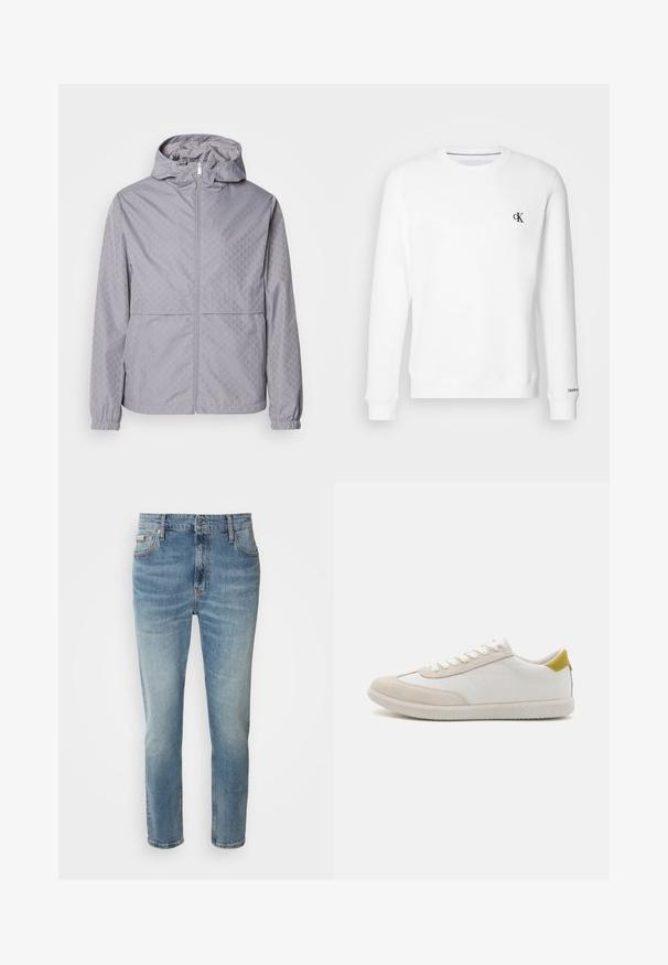 Chaqueta con capucha de color gris claro, con un patrón geométrico, cierre de cremallera, puños elásticos y dos bolsillos frontales; fabricada en un material suave y resistente al agua.; Sudadera blanca de cuello redondo hecha de una tela suave, con un pequeño logo negro "CK" en el lado izquierdo del pecho y puños y dobladillo acanalados.; Vaqueros de mezclilla azul claro con corte recto, cinco bolsillos y un ligero desgaste. Cuentan con un cierre de botón y cremallera, así como una cinturilla clásica.; Zapatilla blanca con detalles en ante beige, suela de goma texturizada y un detalle en el talón amarillo. Presenta un diseño tradicional de cordones.