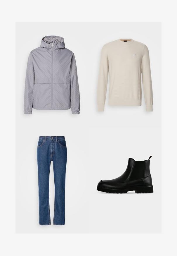Lys grå hættejakke med et geometrisk mønster, lynlås lukning, elastiske manchetter og to forlommer; lavet af et glat, vandafvisende materiale.; Lys beige sweater lavet af struktureret stof. Har en rund hals, lange ærmer og et lille firkantet logo på brystet.; Blå denimjeans med lige snit, fem-lomme-design og lys syning. Har lynlås og knaplukning foran.; Sort læderankelstøvle med tekstureret sål, elastiske sidepaneler og træksnor på en lysegrå baggrund.