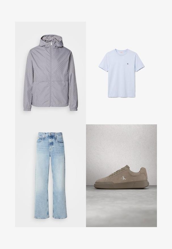 Lys grå hættejakke med et geometrisk mønster, lynlås lukning, elastiske manchetter og to forlommer; lavet af et glat, vandafvisende materiale.; En simpel lyseblå t-shirt med kort ærme og rund hals med lille sort "cK" logo på venstre bryst.; Lysblå vide jeans med høj talje, der har en falmet finish, bæltestropper og klassisk fem-lomme design. Kantene er rå.; Beige ruskind sneakers med snørebånd og "ck" logo, vist svævende over poleret beton gulv med glasblokvæg i baggrunden.