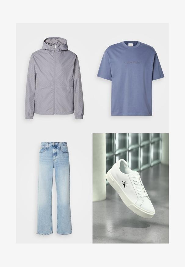 Helle graue Kapuzenjacke mit geometrischem Muster, Reißverschluss, elastischen Bündchen und zwei Fronttaschen; aus einem glatten, wasserabweisenden Material gefertigt.; Blaues Baumwoll-T-Shirt mit rundem Ausschnitt, kurzen Ärmeln und einem dezenten, auf der Vorderseite gestickten Calvin Klein Logo. Glatte Textur.; Helle blaue weite Jeans mit hoher Taille, in verwaschenem Finish, mit Gürtelschlaufen und klassischem Fünf-Taschen-Design. Der Saum ist ungesäumt.; Weißer Calvin Klein Sneaker mit Schnürsenkeln, schwebend über einem polierten Betonboden und einer Glasbausteinwand im Hintergrund dargestellt.