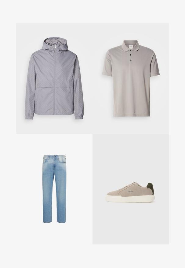 Lys grå hættejakke med et geometrisk mønster, lynlås lukning, elastiske manchetter og to forlommer; lavet af et glat, vandafvisende materiale.; Grå kortærmet polo shirt lavet af glat stof, med en klassisk krave og tre sorte knapper. Subtil lodret ribbet mønster gennem hele skjorten.; Lyseblå jeans med lige ben, forlommer, bæltestropper og knaplukning, vist mod en hvid baggrund.; Beige ruskinds sneakers med en hvid gummisål, der har en mørkegrøn hælaccent og subtil branding på siden.