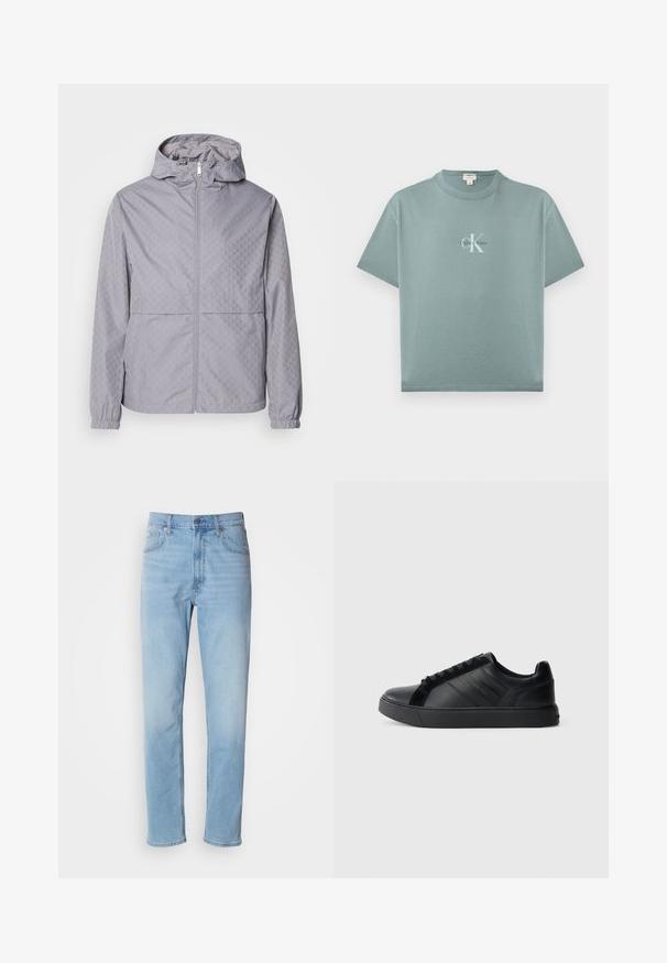 Chaqueta con capucha de color gris claro, con un patrón geométrico, cierre de cremallera, puños elásticos y dos bolsillos frontales; fabricada en un material suave y resistente al agua.; Camiseta de manga corta color verde azulado claro con cuello redondo y logo de Calvin Klein centrado en texto blanco y negro en el frente.; Jeans de mezclilla azul claro con un corte recto, cinco bolsillos y trabillas para cinturón. La tela presenta una textura suave con un ligero efecto de desvanecimiento.; Zapatilla de cuero negra con un acabado suave, paneles laterales texturizados, punta redonda, suela plana y detalle del logo en el lateral. Presenta un sistema de cordones clásico.