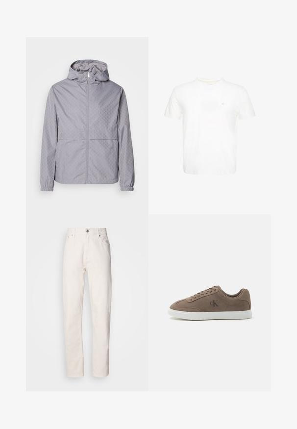 Lys grå hættejakke med et geometrisk mønster, lynlås lukning, elastiske manchetter og to forlommer; lavet af et glat, vandafvisende materiale.; Hvid T-shirt med korte ærmer og rund hals med lille broderet "ck" logo på venstre bryst.; Hvide denim jeans med lige ben, med knap- og lynlåslukning, bæltestropper samt for- og baglommer, præsenteret på en ensfarvet baggrund.; Taupe ruskind lavtop sneaker med beige snørebånd, hvid gummisål og subtil "cK" logo på siden.