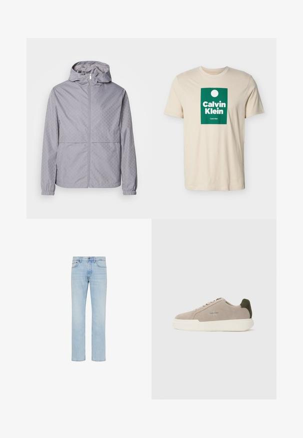 Chaqueta con capucha de color gris claro, con un patrón geométrico, cierre de cremallera, puños elásticos y dos bolsillos frontales; fabricada en un material suave y resistente al agua.; Camiseta beige de manga corta con logo rectangular verde que presenta un círculo blanco y el texto "Calvin Klein" en letras blancas negritas.; Vaqueros de mezclilla azul claro de pierna recta con botón delantero, cierre de cremallera y diseño de cinco bolsillos, mostrados sobre fondo blanco.; Zapatillas de piel de ante beige con suela de goma blanca, que presentan un acento en el talón de color verde oscuro y un sutil logo en el lateral.