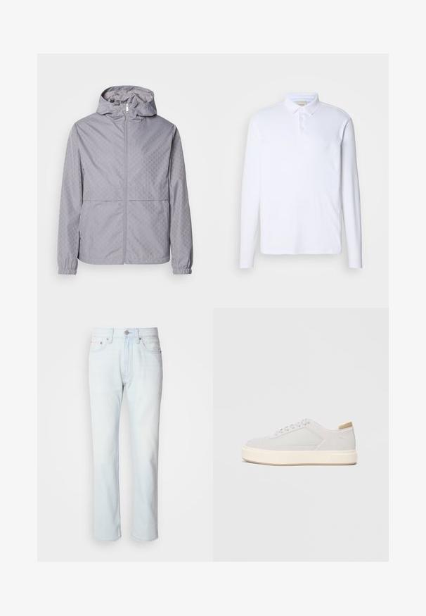 Lys grå hættejakke med et geometrisk mønster, lynlås lukning, elastiske manchetter og to forlommer; lavet af et glat, vandafvisende materiale.; Langærmet hvid polo-shirt lavet af blødt stof, med en klassisk krave, tre knaplukninger og et diskret logo på brystet.; Lyseblå denimjeans med lige ben. Har en knaplukning og bæltestropper, viser en falmet tekstur og minimal syning.; Lys grå sneakers med en glat syntetisk overdel, rund tå og en struktureret crème mellemsål. Lysebrune accenter på hælen.