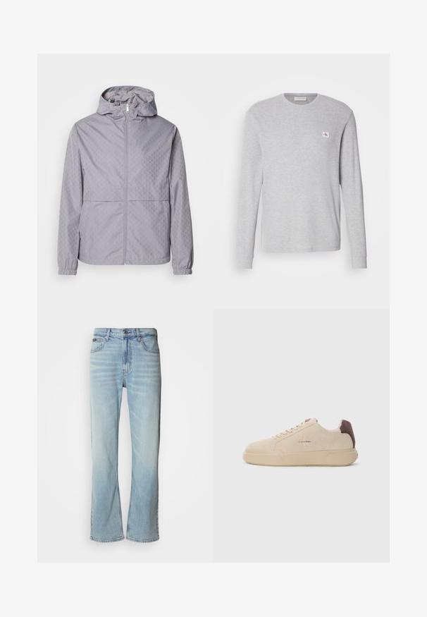 Chaqueta con capucha de color gris claro, con un patrón geométrico, cierre de cremallera, puños elásticos y dos bolsillos frontales; fabricada en un material suave y resistente al agua.; Camiseta de manga larga gris claro hecha de una mezcla de algodón, con un escote redondo y un pequeño parche con logo en el lado izquierdo del pecho.; Jeans de mezclilla azul claro con corte recto, que cuentan con cinco bolsillos, un cierre de botón y un ligero desvanecimiento en la tela.; Zapatilla de ante beige con punta redondeada, cordones en la parte frontal y un acento de ante marrón en el talón. Cuenta con una suela de goma texturizada.