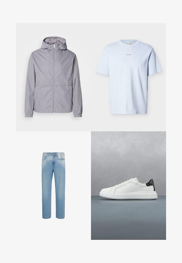 Helle graue Kapuzenjacke mit geometrischem Muster, Reißverschluss, elastischen Bündchen und zwei Fronttaschen; aus einem glatten, wasserabweisenden Material gefertigt.; Hellblaues Baumwoll-T-Shirt mit rundem Ausschnitt und kurzen Ärmeln, versehen mit einem kleinen schwarzen "Calvin Klein"-Logo auf der Brust.; Hellblaue Jeans mit geradem Bein, Vordertaschen, Gürtelschlaufen und Knopfleiste, vor weißem Hintergrund präsentiert.; Weiße Sneaker mit einem glatten Obermaterial aus Leder und einem kontrastierenden schwarzen Fersenakzent. Ausgestattet mit flachen Schnürsenkeln und einer strukturierten Gummisohle.