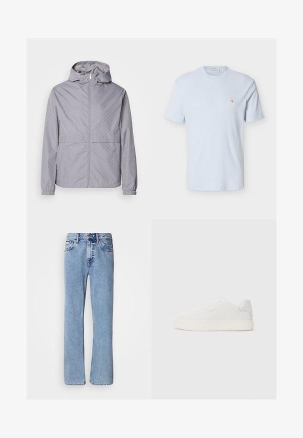 Chaqueta con capucha de color gris claro, con un patrón geométrico, cierre de cremallera, puños elásticos y dos bolsillos frontales; fabricada en un material suave y resistente al agua.; Camiseta de manga corta de color azul claro con tejido de gofre, cuello redondo y pequeño parche con el logo rojo "CK" en el pecho izquierdo.; Jeans de mezclilla azul claro con un diseño de pierna recta, cinco bolsillos y cierre de botón. Detalles de costura cerca de los bolsillos y la cintura.; Zapatilla blanca con parte superior de sintético suave, punta redonda y suela blanca plana. Presenta costuras tonales y un branding minimalista en el costado.