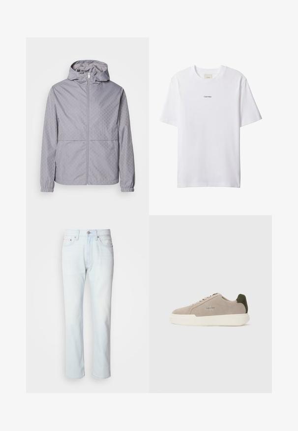 Helle graue Kapuzenjacke mit geometrischem Muster, Reißverschluss, elastischen Bündchen und zwei Fronttaschen; aus einem glatten, wasserabweisenden Material gefertigt.; Weißes Baumwoll-T-Shirt mit Rundhalsausschnitt und kurzen Ärmeln. Auf der Brust zentriert befindet sich ein kleines schwarzes "Calvin Klein"-Logo.; Hellblaue Jeans mit geradem Bein. Verfügt über einen Knopfverschluss und Gürtelschlaufen, präsentiert eine ausgebleichte Textur und minimale Nähte.; Beige Wildledersneaker mit einer weißen Gummisohle, die einen dunkelgrünen Akzent an der Ferse und dezente Markenaufschrift an der Seite aufweisen.