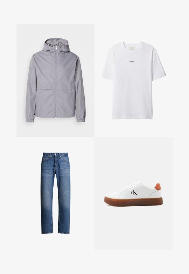 Lys grå hættejakke med et geometrisk mønster, lynlås lukning, elastiske manchetter og to forlommer; lavet af et glat, vandafvisende materiale.; Hvid bomuld t-shirt med rund hals og korte ærmer. Har en lille sort "Calvin Klein"-logo centreret på brystet.; Blå denimjeans med lige pasform, fem lommer og lynlås. Har en let falmet effekt og syninger langs sømmene.; Hvid lavt snøresneaker med brun sål, orange hælstrop, snørebånd og "cK" logo på siden.