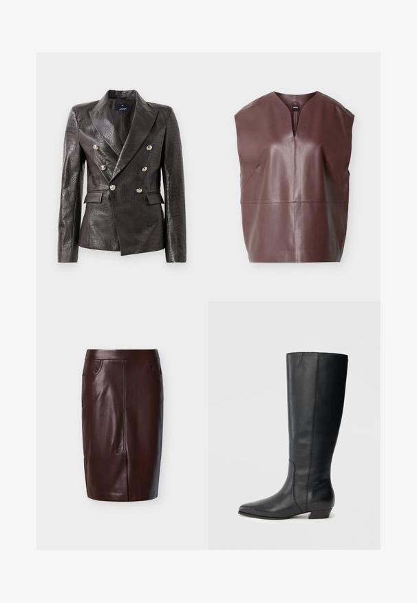 Mørkebrunt læderblazer med krokodillemønster, dobbeltradet design, sølvknapper og dobbelte forlommer.; Ærmeløs brun lædertop med V-udskæring, strukturerede skuldre og syninger på tværs af bryst og talje.; Brun læderblyantskørt med glat tekstur, med to sidelommer og syninger foran, designet til en tætsiddende pasform.; Sorte knæhøje læderstøvler med spids tå og lav blokhæl, med en glat tekstur og et rent, strømlinet design.