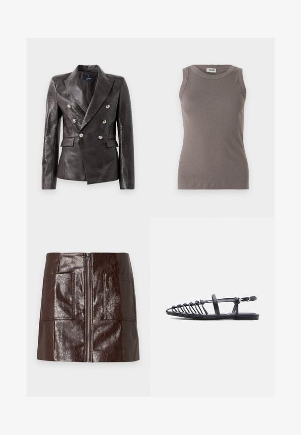 Mørkebrunt læderblazer med krokodillemønster, dobbeltradet design, sølvknapper og dobbelte forlommer.; Grå ribbede tanktop med rund halsudskæring og ærmeløs design, lavet af et blødt, tekstureret stof. Enkel, tætsiddende silhuet.; Brun faux læder mini-skjørt med en frontlynlås, to store forlommer og en glat, blank overflade.; Sort flad sandal med flere tynde remme, ankelrem med spænde og åben tå-burdesign på hvid baggrund.