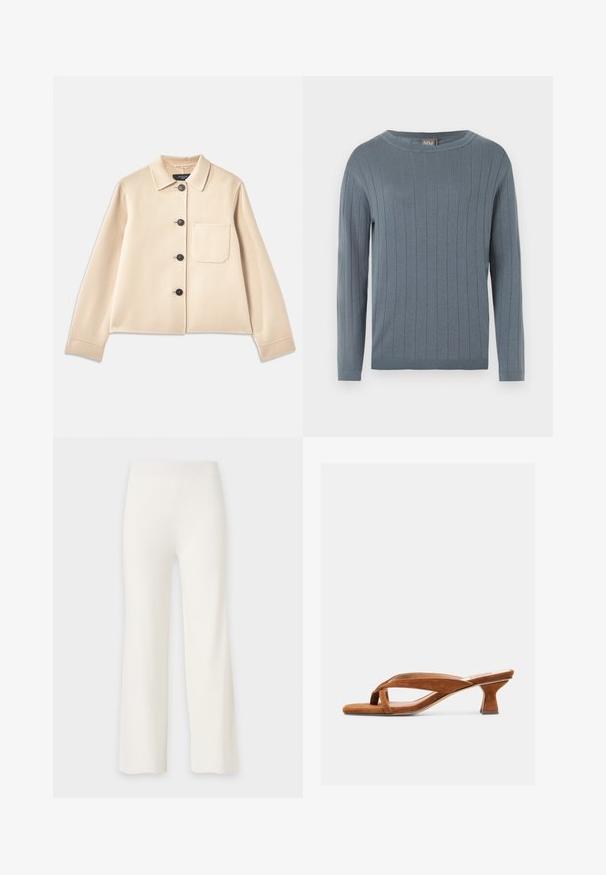 Beige uldblandet jakke med krave, seks sorte knapper og en brystlomme. Har lange ærmer og en cropped design.; Langærmet rundhalset sweater i afdæmpet blå med vertikalt ribstrikket mønster, tætsiddende manchetter og lige kant.; Hvide bukser med lige ben, højtaljede og glat stof, vist mod en enkel lys baggrund.; Brun ruskinds sandal med åben tå, lav kittenhæl og krydsede stropper, vist på en ensartet lys baggrund.
