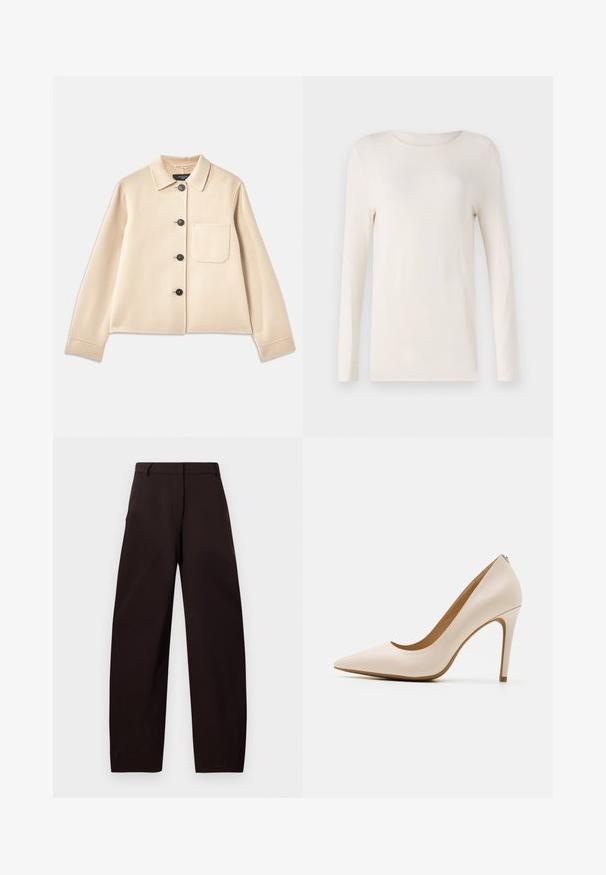 Beige uldblandet jakke med krave, seks sorte knapper og en brystlomme. Har lange ærmer og en cropped design.; Langermet skjorte i off-white, lavet af blødt materiale, med rund halsudskæring og et enkelt, tætsiddende design. Glat tekstur, ingen mønstre.; Brune bukser med vide ben og en glat tekstur. Har en flad front, bæltestropper og sidelommer for funktionalitet.; Beige højhælede pumpe, spids tå, glat læderfinish, slank stiletthæl, minimalistisk design med en subtil detalje bagpå.