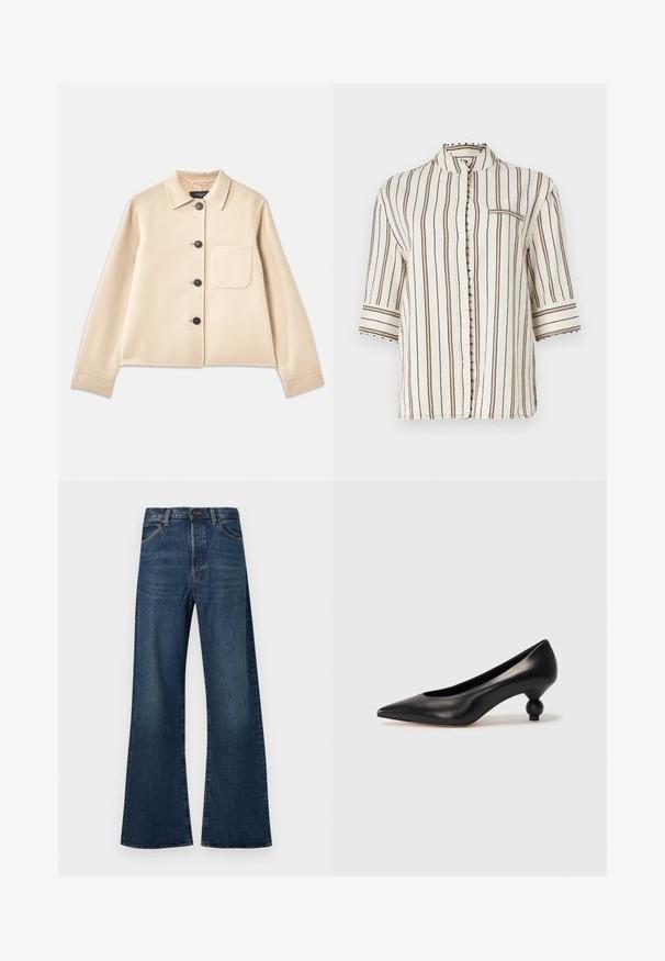 Beige uldblandet jakke med krave, seks sorte knapper og en brystlomme. Har lange ærmer og en cropped design.; Letvægts skjorte i cremefarve med vertikale brune striber, mandarin-krave, halvlange ærmer og dekorative knapdetaljer langs knapstinget.; Mørkeblå jeans i høj talje med vidde i benene, frontknapper og lynlåslukning samt forlommer.; Sort læder høje hæle med spids tå og rund, kugleformet hæl. Glat tekstur med et stilrent, minimalistisk design.