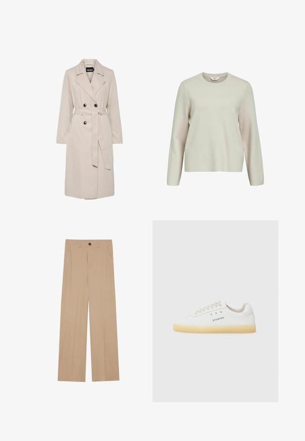 Hellbeiger, doppelreihiger Trenchcoat mit breiten Revers, schwarzen Knöpfen, einem passenden Stoffgürtel und langen Ärmeln.; Hellbeige Langarmpullover mit Rundhalsausschnitt. Aus strukturiertem Strickmaterial gefertigt, mit leicht überschnittenen Schultern und einem lässigen Sitz.; Beige, weit geschnittene Hosen mit glatter Textur, ausgestattet mit zwei seitlichen Taschen, einem vorderen Knopfverschluss und dezenten Falten für zusätzliche Details.; Weiße Sneakers aus Leder mit runder Spitze, beigen Schnürsenkeln und transparenter Gummisohle; mit dem Logo "CPH STUDIOS" an der Seite.