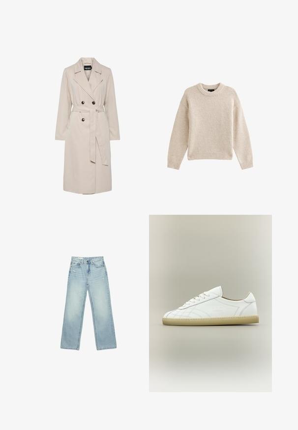 Lysebeige dobbeltbrystet trenchcoat med brede revers, sorte knapper, bælte i samme stof og lange ærmer.; Beige strikket sweater med rund hals, lange ærmer og ribbet kant. Tekstureret stof med en blød udseende. Enkel og alsidig design.; Lyseblå højtaljede brede jeans med let slid på forlommer og lår, knaplukning og design med fem lommer.; Hvid lavtop lædersneaker med beige sål, snøredesign og subtile syede mønstre på neutral baggrund.