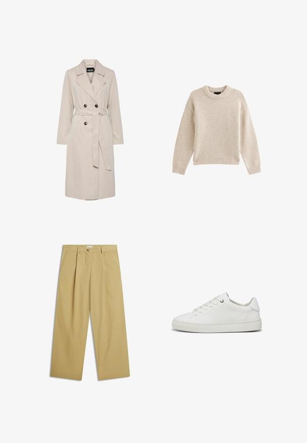 Lichtbeige dubbelgeknoopte trenchcoat met brede revers, zwarte knopen, een bijpassende stoffen ceintuur en lange mouwen.; Beige gebreide trui met een ronde halslijn, lange mouwen en geribbelde zoom. Gelaagd stof met een zachte uitstraling. Eenvoudig en veelzijdig ontwerp.; Beige wijde broek met voorplooien, zijzakken, broeklussen en knoopsluiting in de taille.; Witte leren lage sneaker met veters, platte rubberen zool en subtiele zijbranding op een effen witte achtergrond.