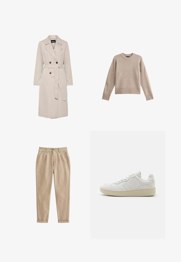 Lysebeige dobbeltbrystet trenchcoat med brede revers, sorte knapper, bælte i samme stof og lange ærmer.; Beige strikket sweater med rund hals, ribbede manchetter og kant. Stofstrukturen er blød med et subtilt mønster. Afslappet pasform design.; Beige chinos lavet af let bomuldsstof. Har en tilspidset benform, frontfolder, sidelommer og rullede manchetter. Børstet tekstur.; Hvide lædersneakers med perforeret tåboks, kontrasterende beige gummisål og logoer på siden og hælen. Minimalistisk design.