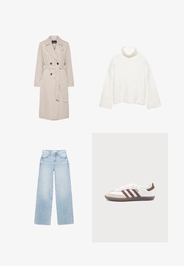 Lichtbeige dubbelgeknoopte trenchcoat met brede revers, zwarte knopen, een bijpassende stoffen ceintuur en lange mouwen.; Witte coltrui gemaakt van zachte stof, met een losse pasvorm, verlaagde schouders en brede geribbelde manchetten en zoom.; Lichtgewassen, wijd uitlopende jeans van denim. Heeft een hoge taille, vijf zakken en een ritssluiting met knoopsluiting. Licht beschadigde textuur.; Witte Adidas Samba sneaker met bruine suède strepen, bruine rubberen zool en beige suède neuskap, getoond vanaf de buitenkant op een effen achtergrond.