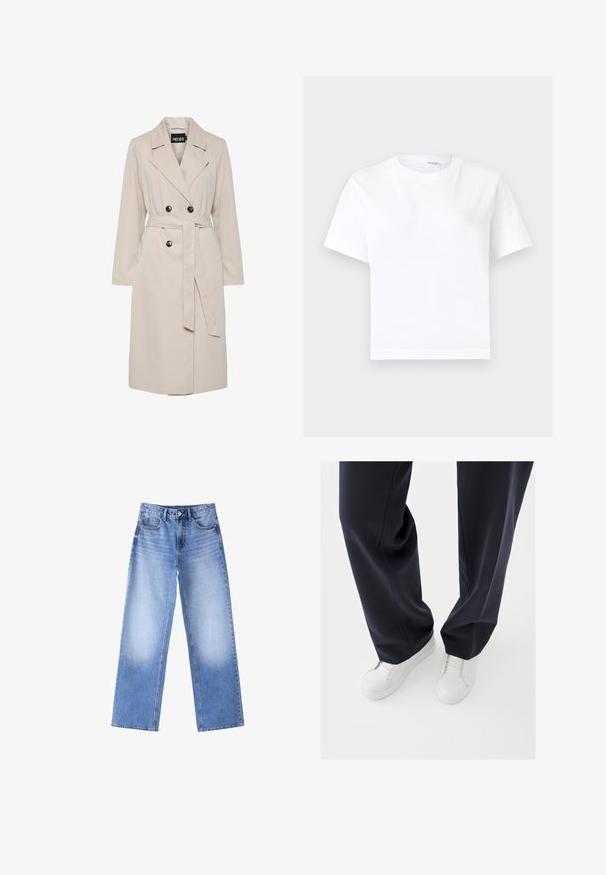 Hellbeiger, doppelreihiger Trenchcoat mit breiten Revers, schwarzen Knöpfen, einem passenden Stoffgürtel und langen Ärmeln.; Einfaches weißes kurzärmeliges Baumwoll-T-Shirt mit rundem Ausschnitt und geradem Saum, dargestellt auf weißem Hintergrund.; Blaue Jeans mit hoher Taille, weiten geraden Beinen und ausgebleichten Bereichen an den Oberschenkeln, vorne mit Knöpfen und Taschen auf weißem Hintergrund.; Weiße Sneakers mit strukturierten Gummisohlen und flachen Schnürsenkeln, kombiniert mit dunkeln, marineblauen Hosen aus lockerem, glattem Stoff und maßgeschneiderter Passform.