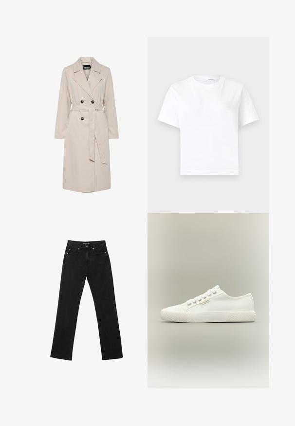 Trench-coat beige clair à double boutonnage avec larges revers, boutons noirs, ceinture en tissu assortie et manches longues.; T-shirt blanc uni en coton à manches courtes, col rond et ourlet droit, présenté sur fond blanc.; Jean en denim noir avec une coupe droite, cinq poches et de subtils rivets en cuivre. Fabriqué en tissu en coton robuste.; Baskets basses blanches en toile avec semelle en caoutchouc texturée, lacets blancs et petite étiquette Calvin Klein sur le côté.