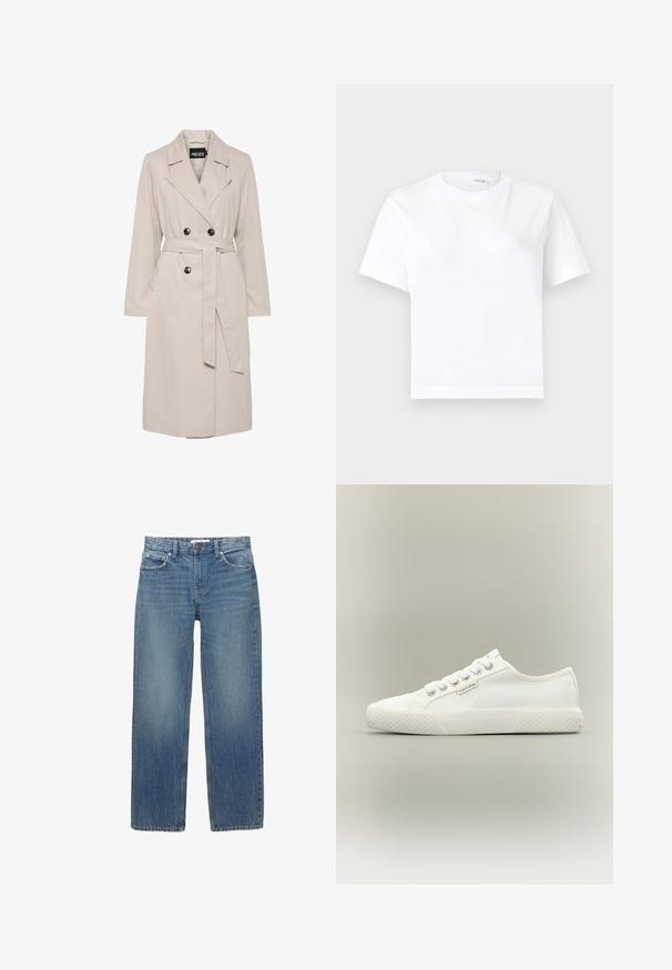 Hellbeiger, doppelreihiger Trenchcoat mit breiten Revers, schwarzen Knöpfen, einem passenden Stoffgürtel und langen Ärmeln.; Einfaches weißes kurzärmeliges Baumwoll-T-Shirt mit rundem Ausschnitt und geradem Saum, dargestellt auf weißem Hintergrund.; Hellblaue Jeans aus Denim mit geradem Schnitt, fünf Taschen und Beschlägen in Kupferfarbe. Der Stoff hat eine leichte Ausbleichung und eine glatte Textur.; Weißer Low-Top Canvas-Sneaker mit strukturierter Gummisohle, weißen Schnürsenkeln und kleinem Calvin Klein-Label an der Seite.