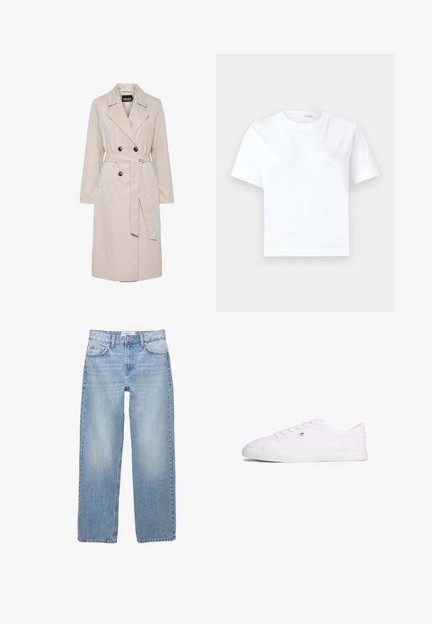 Trench-coat beige clair à double boutonnage avec larges revers, boutons noirs, ceinture en tissu assortie et manches longues.; T-shirt blanc uni en coton à manches courtes, col rond et ourlet droit, présenté sur fond blanc.; Jean en denim bleu clair avec une coupe droite, style cinq poches et des détails de couture visibles. Le tissu a une texture douce et légèrement décolorée.; Baskets blanches basses à fermeture à lacets avec petit logo rouge, blanc et bleu sur le côté, semelle plate en caoutchouc.