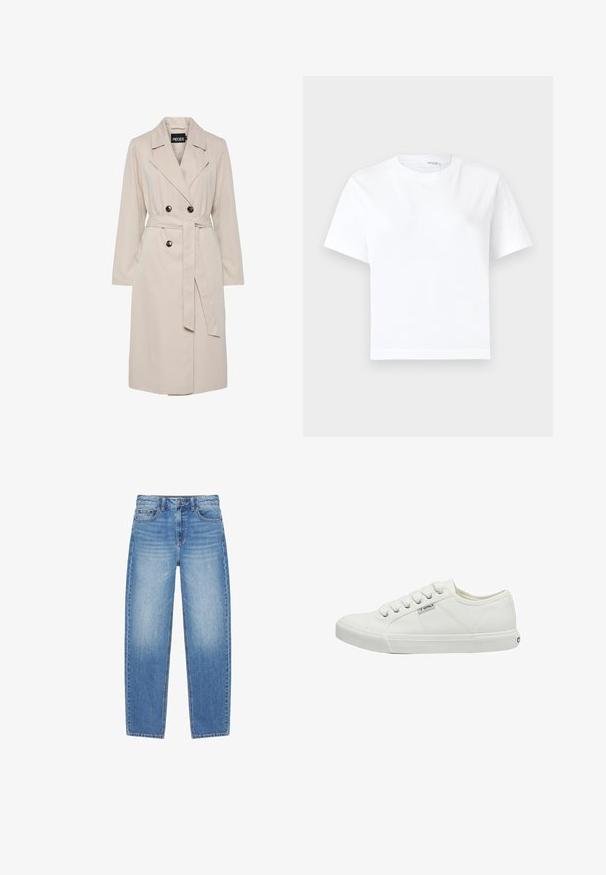 Lysebeige dobbeltbrystet trenchcoat med brede revers, sorte knapper, bælte i samme stof og lange ærmer.; Hvid kortærmet bomuld t-shirt med rund halsudskæring og lige kant, vist på en hvid baggrund.; Blå jeans med høj talje og lige ben, foran med knap- og lynlåslukning, for- og baglommer samt falmede detaljer.; Hvid kanvas sneakers med rund tå, seks snørrehuller, teksturerede sidepaneler og gummisål. Lille mærkelogo på siden.